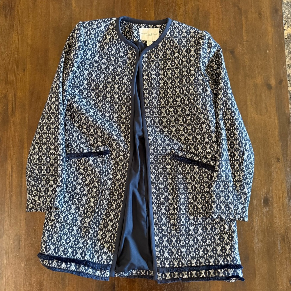 Carolina Belle Montreal Navy White Geometric Fringe Jacquard‎ Jacket V1668L M